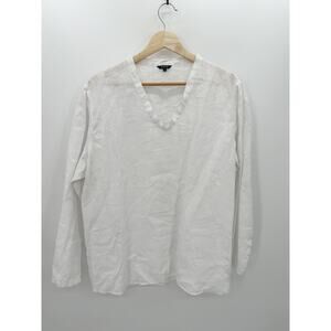 Vivid Women White V-Neck Linen Top Shirt Blouse Coastal Minimal Neutral Size XL